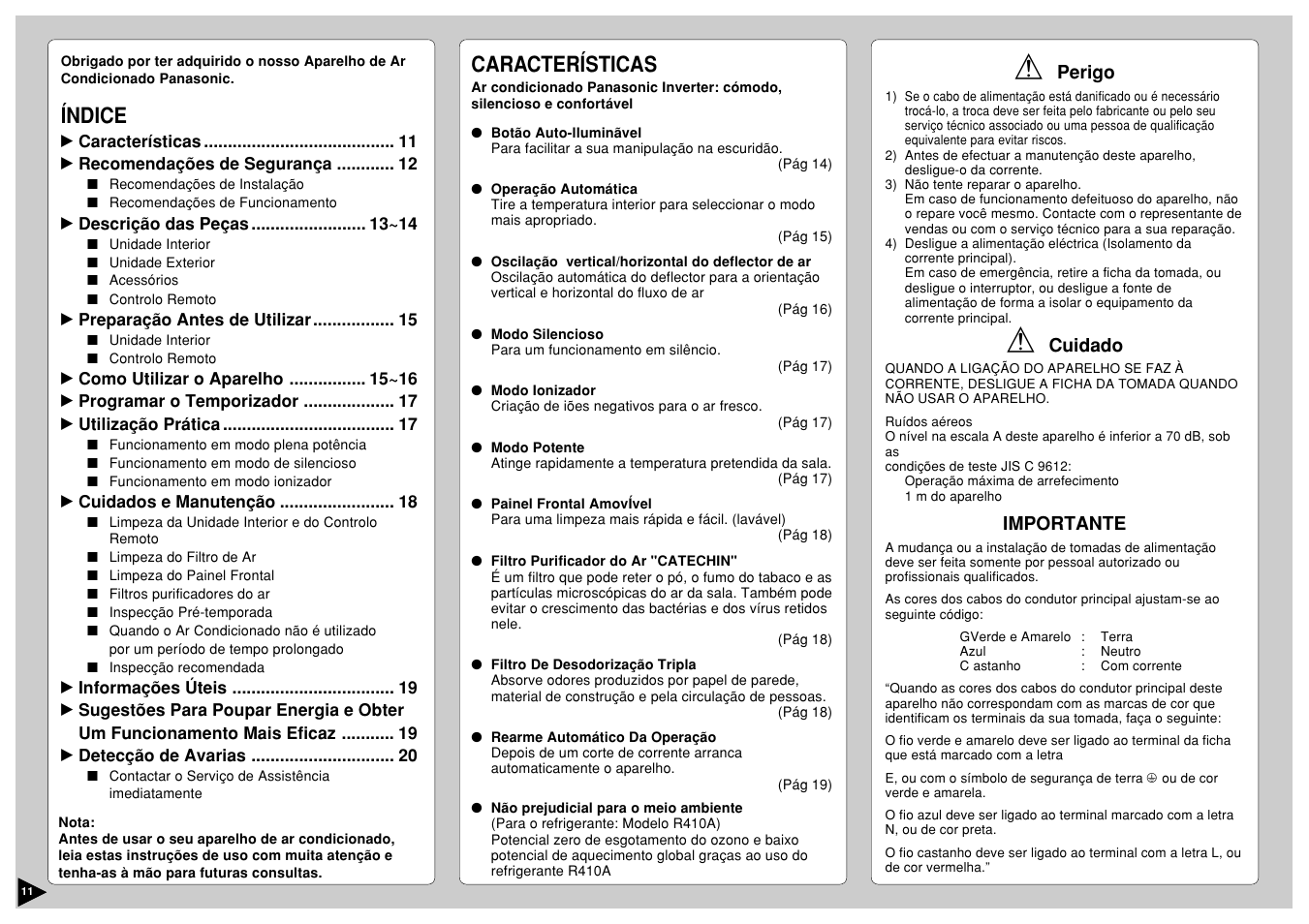 Índice, Características | Panasonic CS-E12CKP User Manual | Page 12 / 95