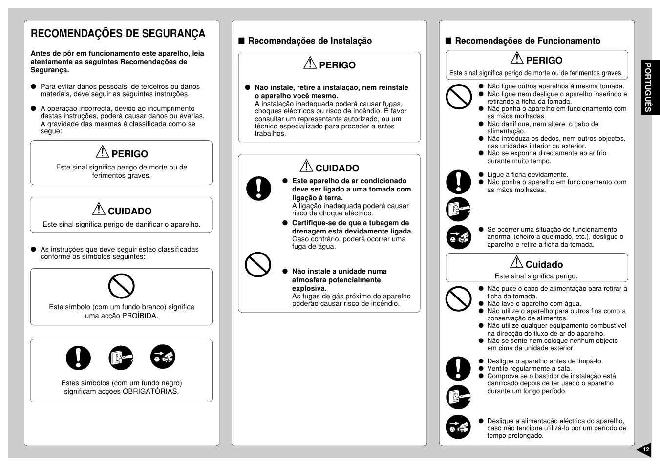 Recomendações de segurança | Panasonic CS-E12CKP User Manual | Page 13 / 95