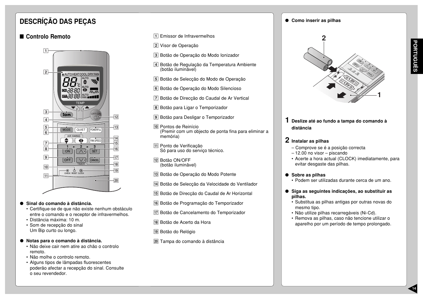 Descríção das peças, Controlo remoto, Portugu ê s | Panasonic CS-E12CKP User Manual | Page 15 / 95