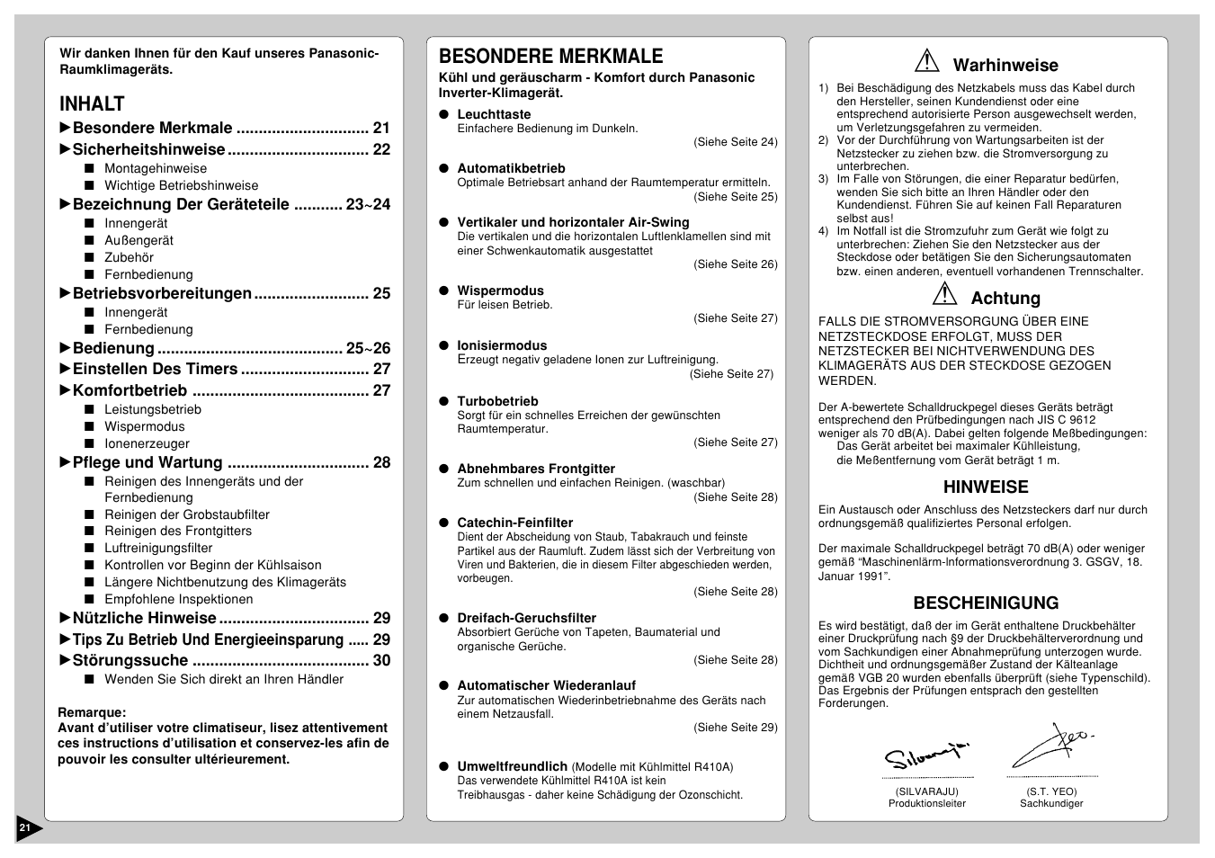 Inhalt, Besondere merkmale | Panasonic CS-E12CKP User Manual | Page 22 / 95