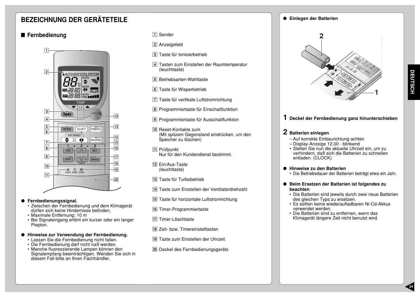 Bezeichnung der geräteteile, Fernbedienung, Deutsch | Panasonic CS-E12CKP User Manual | Page 25 / 95