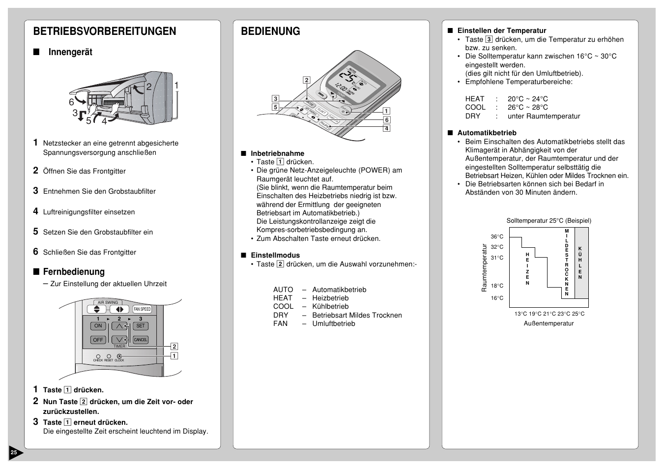 Betriebsvorbereitungen, Bedienung, Innengerät 1 | Fernbedienung | Panasonic CS-E12CKP User Manual | Page 26 / 95