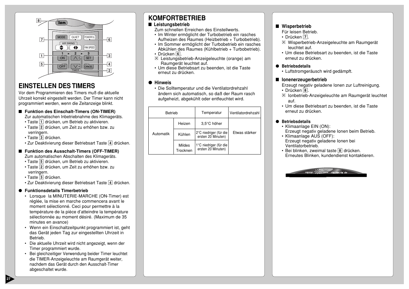 Einstellen des timers, Komfortbetrieb | Panasonic CS-E12CKP User Manual | Page 28 / 95