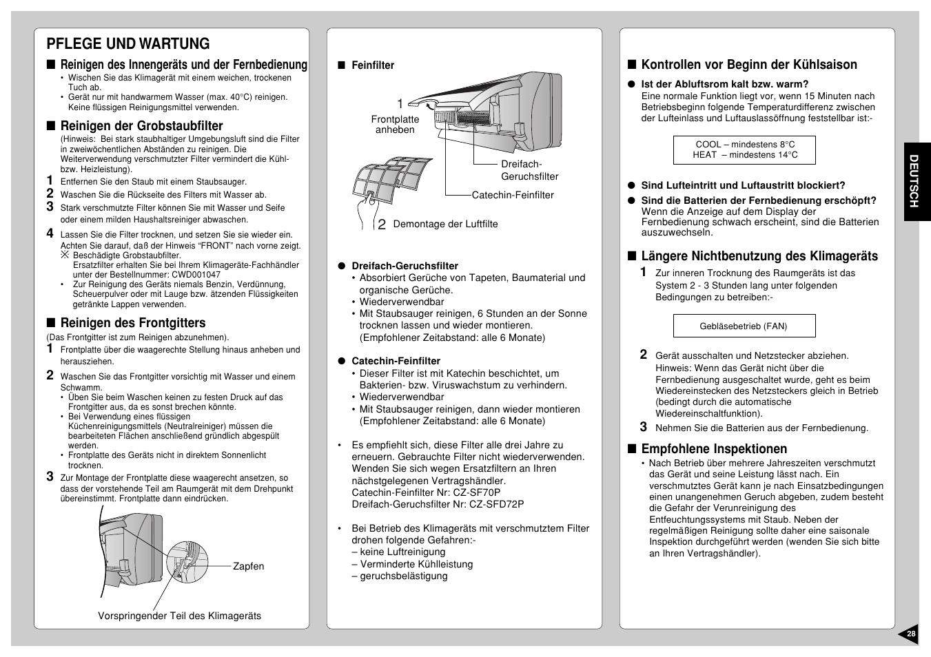 Pflege und wartung | Panasonic CS-E12CKP User Manual | Page 29 / 95