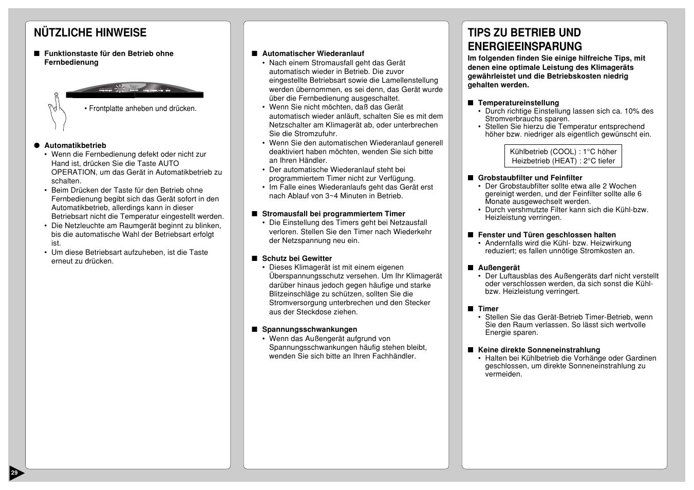 Nützliche hinweise, Tips zu betrieb und energieeinsparung | Panasonic CS-E12CKP User Manual | Page 30 / 95