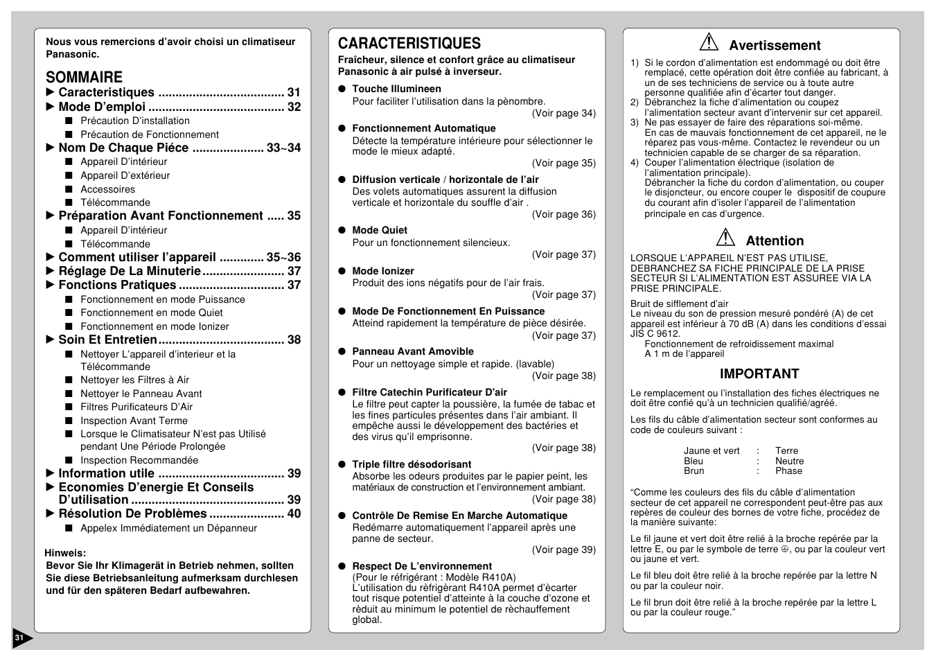 Sommaire, Caracteristiques | Panasonic CS-E12CKP User Manual | Page 32 / 95
