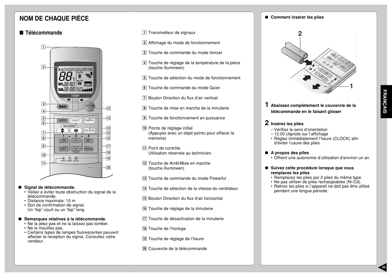 Nom de chaque pièce, Télécommande, Fran ç ais | Panasonic CS-E12CKP User Manual | Page 35 / 95