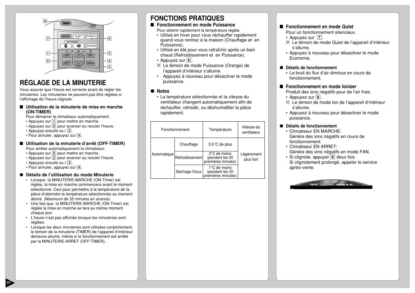 Réglage de la minuterie, Fonctions pratiques | Panasonic CS-E12CKP User Manual | Page 38 / 95