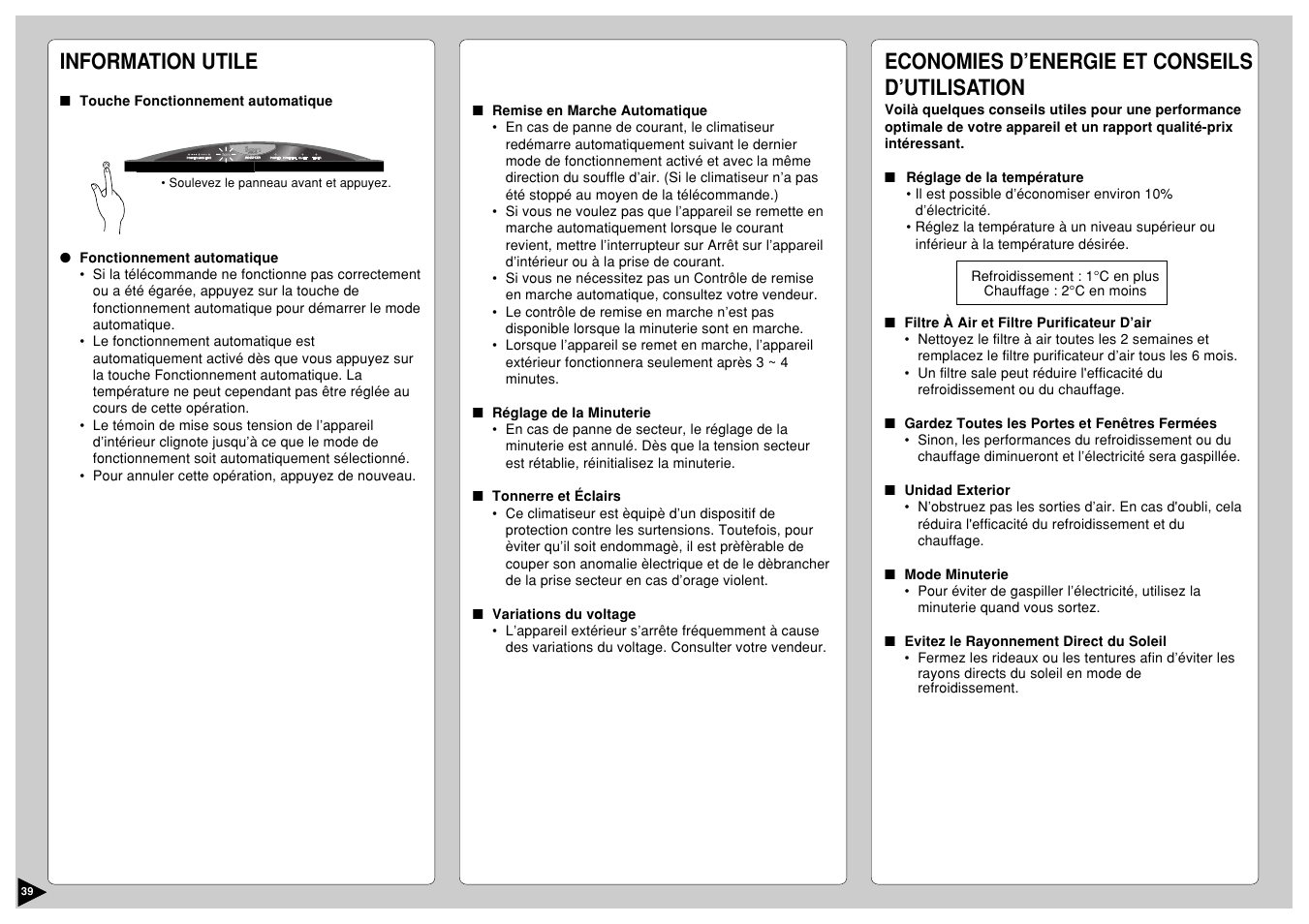 Information utile, Economies d’energie et conseils d’utilisation | Panasonic CS-E12CKP User Manual | Page 40 / 95