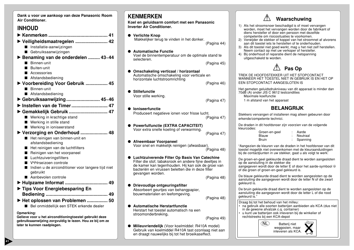 Inhoud, Kenmerken | Panasonic CS-E12CKP User Manual | Page 42 / 95
