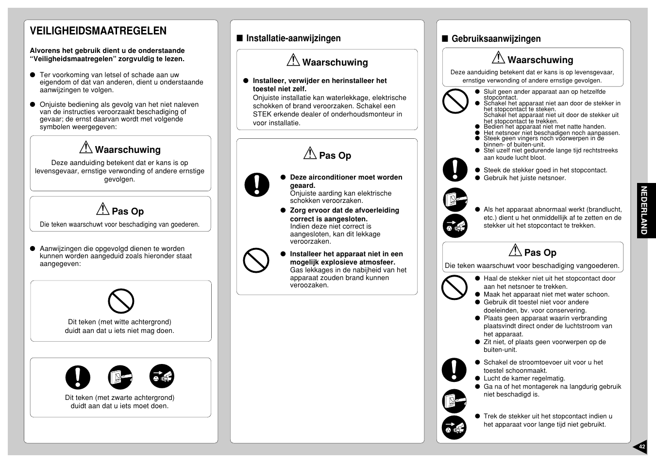 Veiligheidsmaatregelen | Panasonic CS-E12CKP User Manual | Page 43 / 95