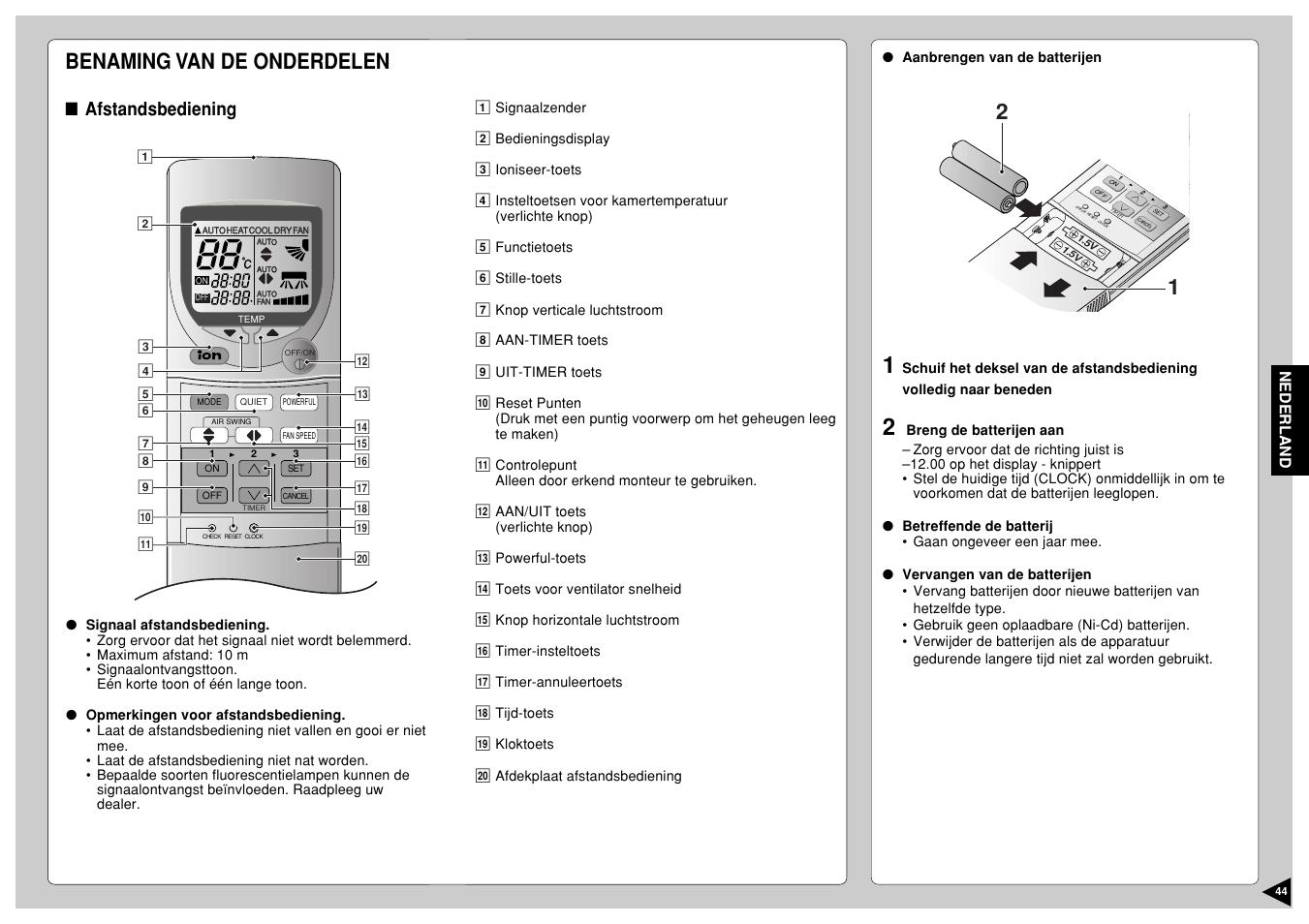 Benaming van de onderdelen, Afstandsbediening, Nederland | Panasonic CS-E12CKP User Manual | Page 45 / 95