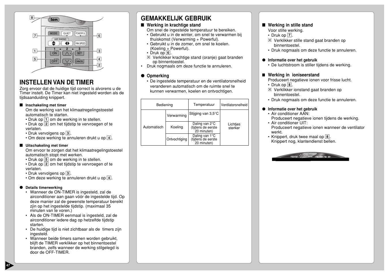 Instellen van de timer, Gemakkelijk gebruik | Panasonic CS-E12CKP User Manual | Page 48 / 95