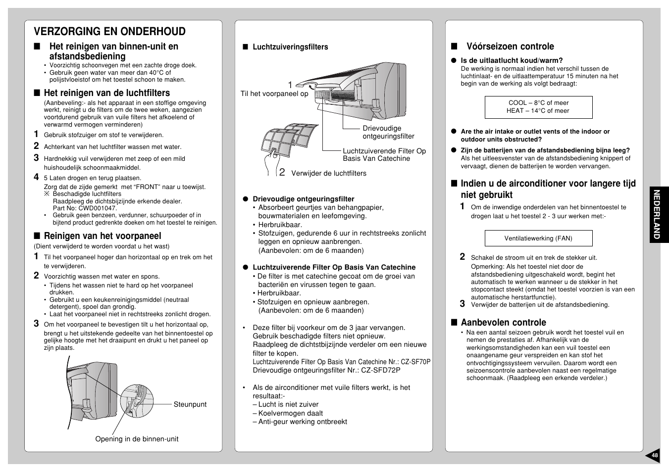 Verzorging en onderhoud | Panasonic CS-E12CKP User Manual | Page 49 / 95