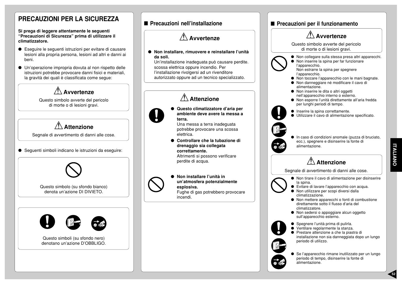 Precauzioni per la sicurezza | Panasonic CS-E12CKP User Manual | Page 53 / 95