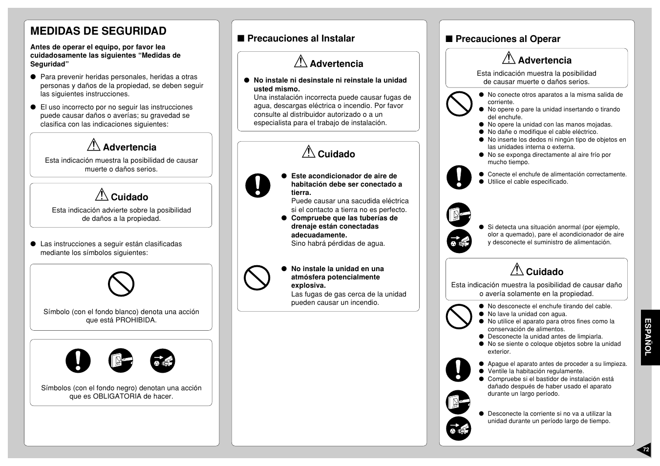 Medidas de seguridad | Panasonic CS-E12CKP User Manual | Page 73 / 95