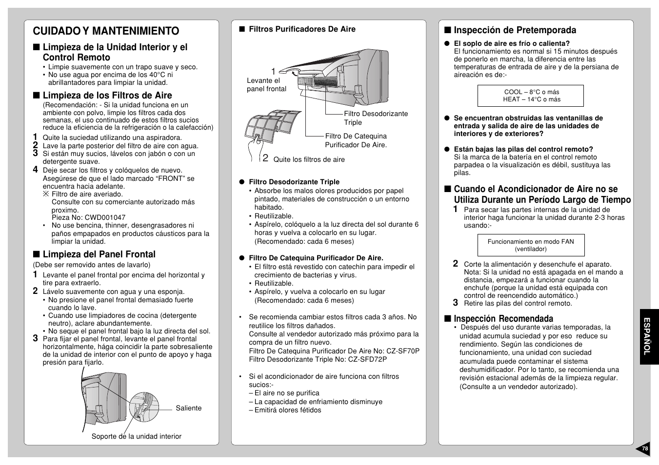 Cuidado y mantenimiento | Panasonic CS-E12CKP User Manual | Page 79 / 95