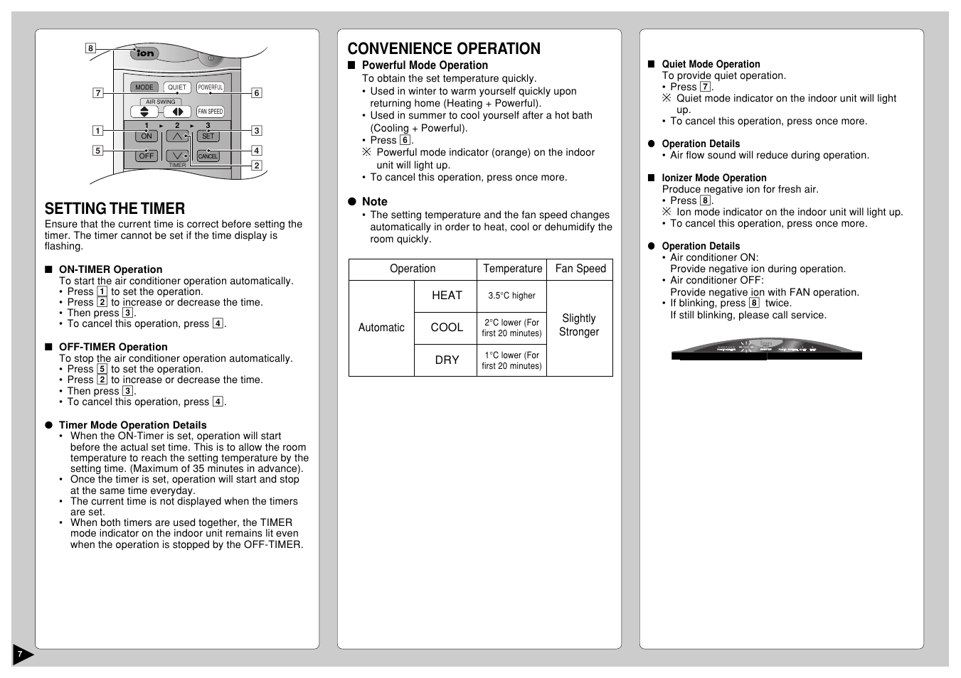 Setting the timer, Convenience operation | Panasonic CS-E12CKP User Manual | Page 8 / 95