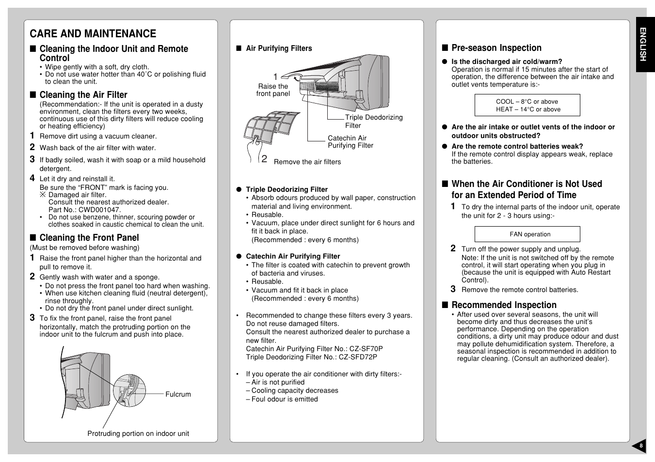Care and maintenance | Panasonic CS-E12CKP User Manual | Page 9 / 95