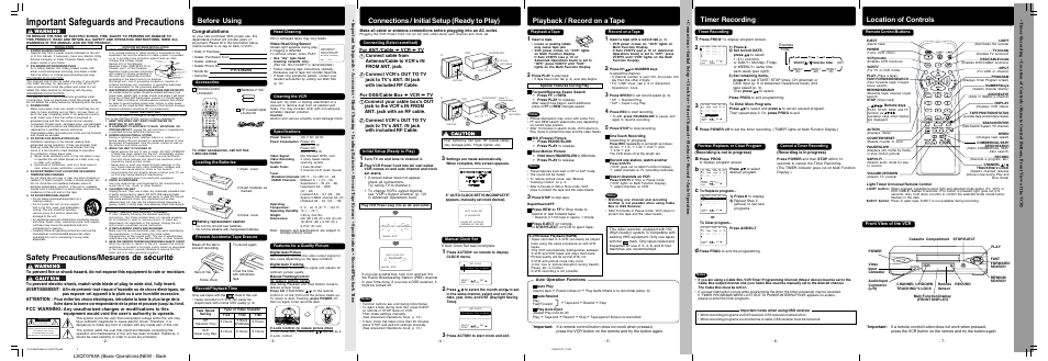 Important safeguards and precautions, Safety precautions/mesures de sécurité, Location of controls | Timer recording, Playback / record on a tape, Connections / initial setup (ready to play), Before using, Avertissement, Attention, Fcc warning | Panasonic PV-V4624S User Manual | Page 2 / 24