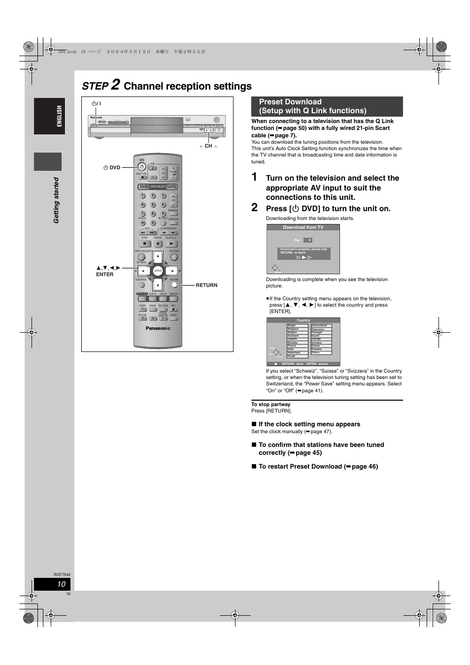 Step, Channel reception settings, Press [ í dvd] to turn the unit on | Preset download (setup with q link functions), Open/close, X1.3 time slip ch time slip drive select sd pc dvd, Ge tt in g st ar te d, If the clock setting menu appears | Panasonic DMR-E65 User Manual | Page 10 / 58