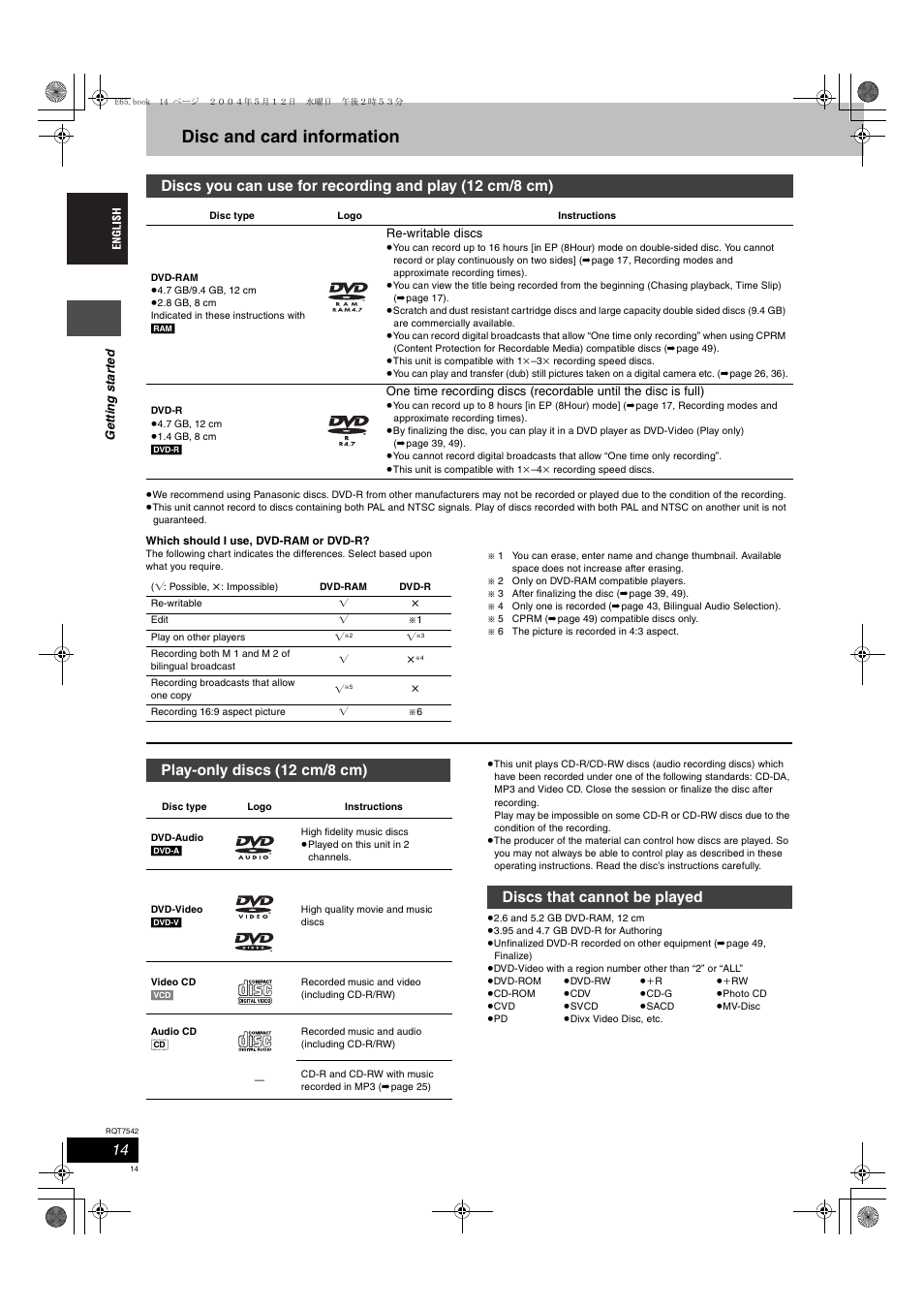 Disc and card information, Play-only discs (12 cm/8 cm), Discs that cannot be played | Panasonic DMR-E65 User Manual | Page 14 / 58