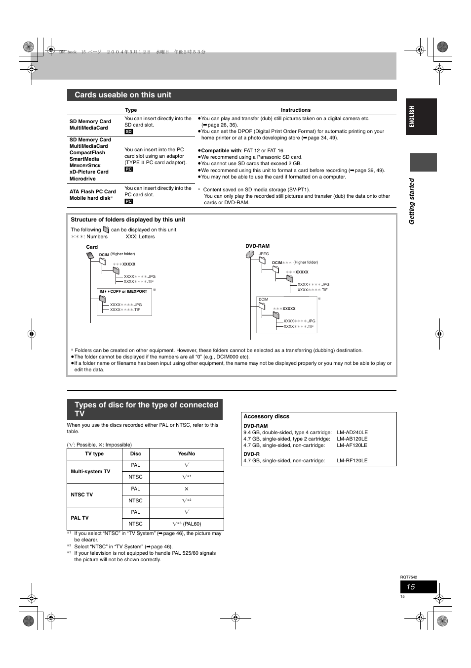 Cards useable on this unit, Types of disc for the type of connected tv, Ge tt in g st ar te d | Panasonic DMR-E65 User Manual | Page 15 / 58