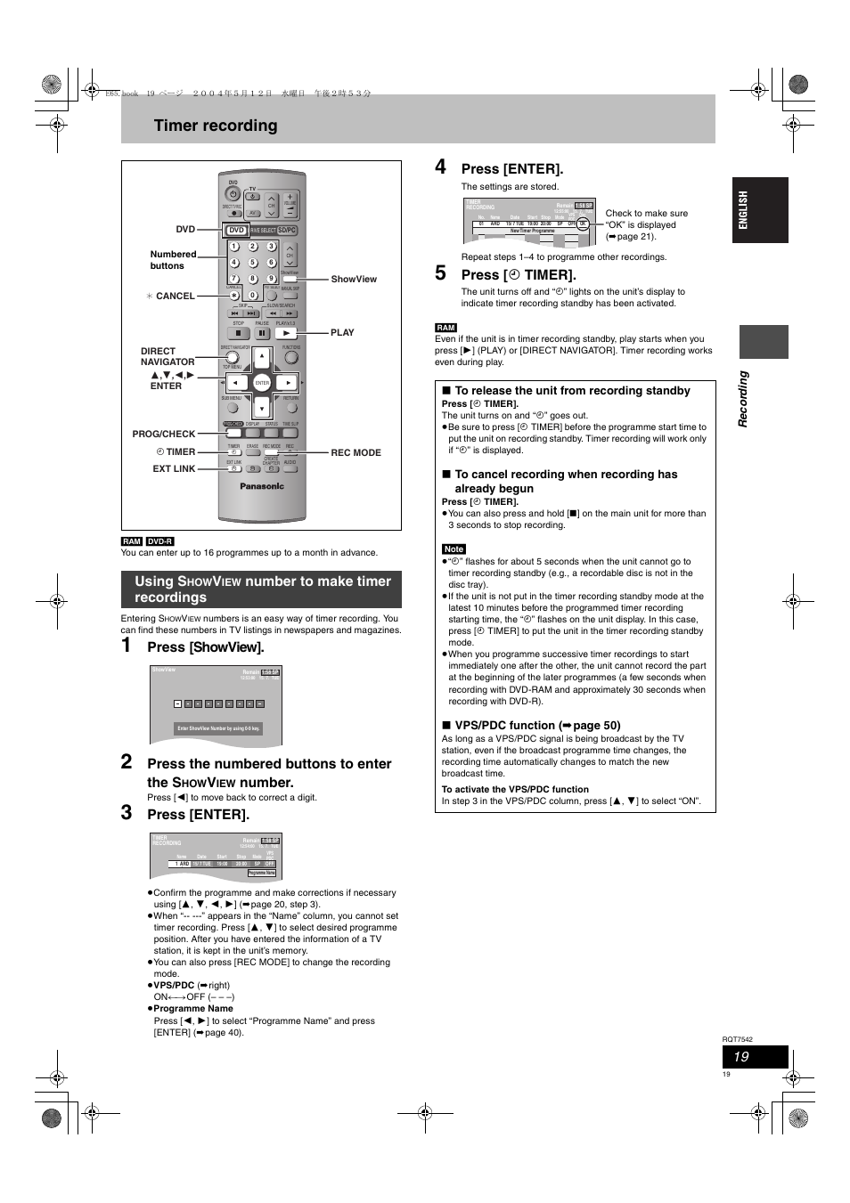 Timer recording, Press [showview, Press the numbered buttons to enter the s | Number, Press [enter, Press [ f timer, Using s, Number to make timer recordings, Reco rd in g, Vps/pdc function ( ➡ page 50 ) | Panasonic DMR-E65 User Manual | Page 19 / 58