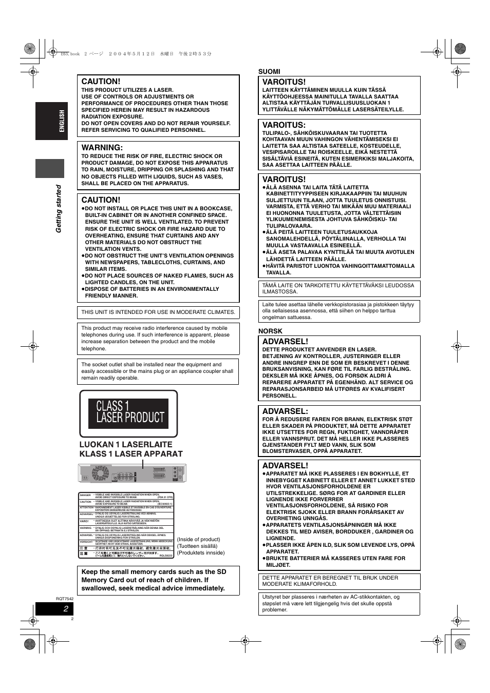 Caution, Warning, Varoitus | Advarsel | Panasonic DMR-E65 User Manual | Page 2 / 58