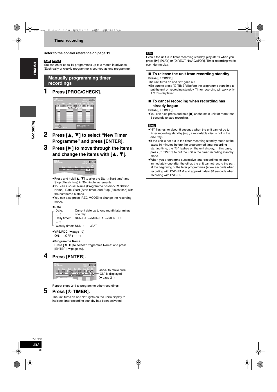 Press [prog/check, Press [enter, Press [ f timer | Manually programming timer recordings, Reco rd in g timer recording | Panasonic DMR-E65 User Manual | Page 20 / 58