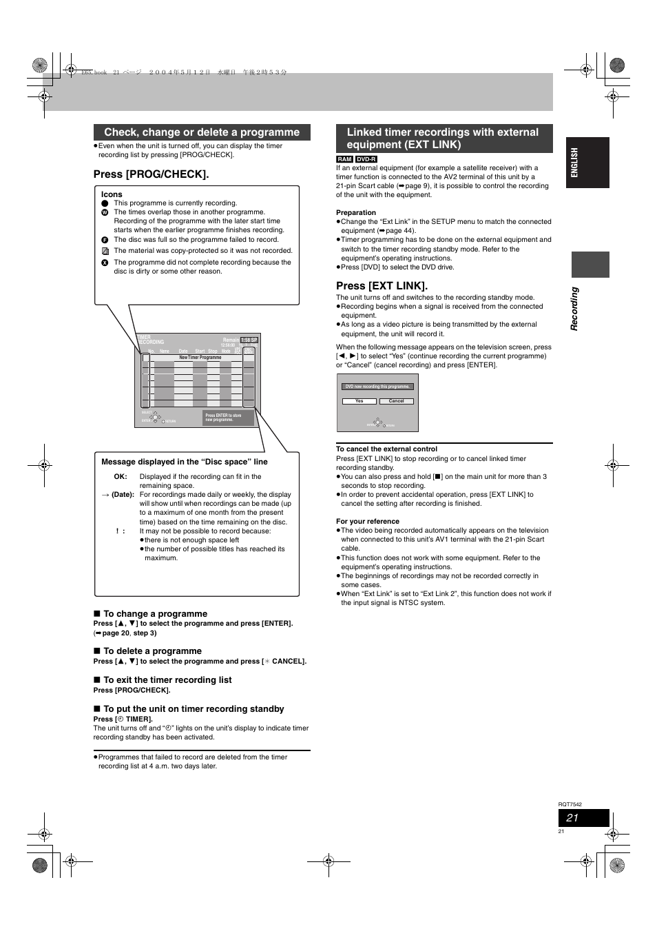 Press [prog/check, Press [ext link, Check, change or delete a programme | Panasonic DMR-E65 User Manual | Page 21 / 58