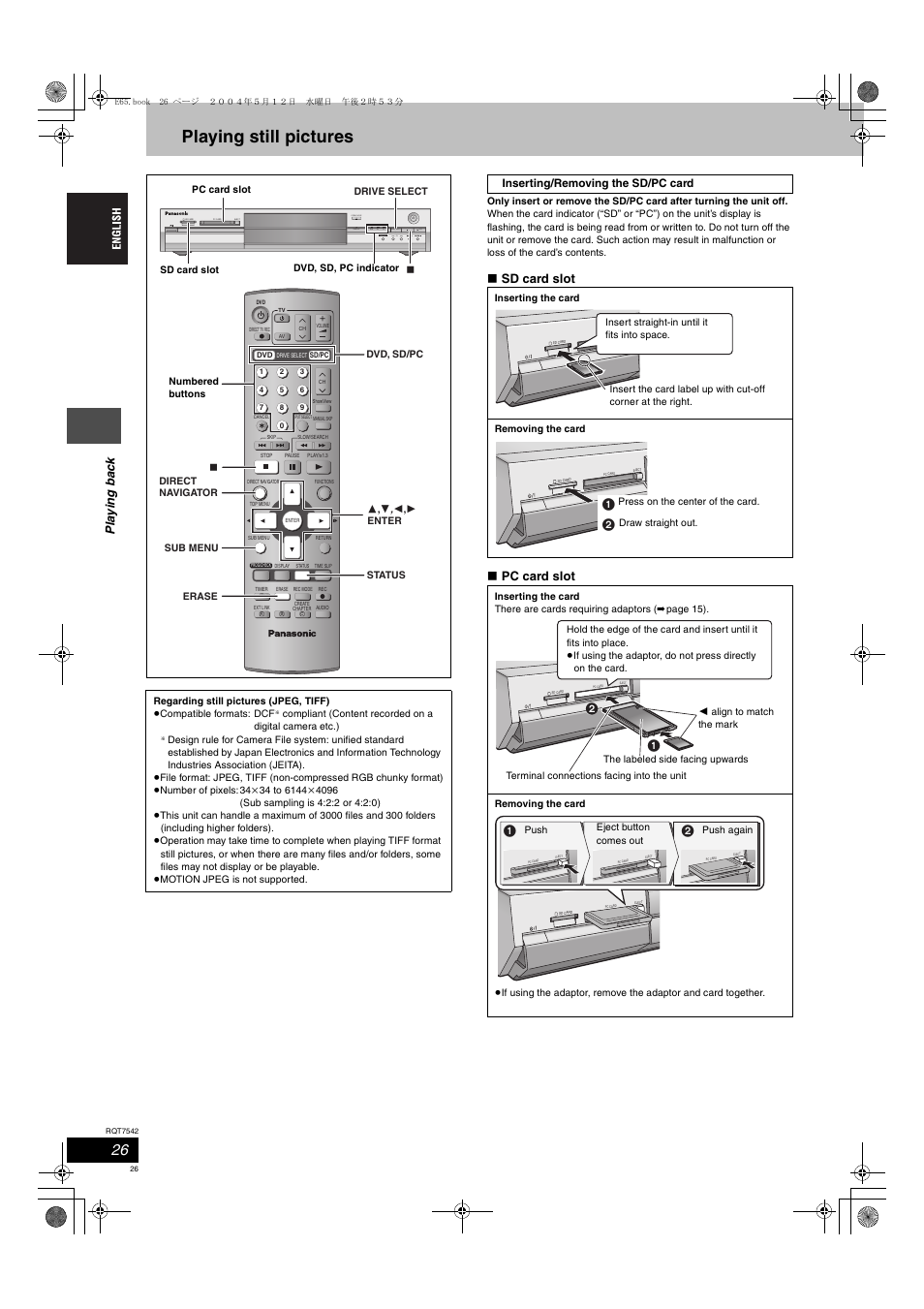 Playing still pictures, Open/close, X1.3 time slip ch time slip drive select sd pc dvd | Pla y ing ba c k, Sd card slot ∫ pc card slot | Panasonic DMR-E65 User Manual | Page 26 / 58