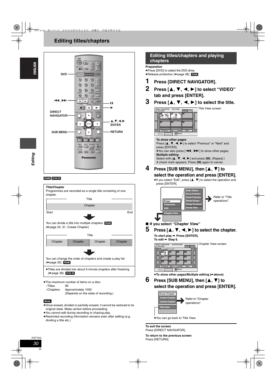 Editing titles/chapters, Press [direct navigator, Press [ 3 , 4 , 2 , 1 ] to select the title | Press [ 3 , 4 , 2 , 1 ] to select the chapter, Editing titles/chapters and playing chapters, Edit ing, If you select “chapter view | Panasonic DMR-E65 User Manual | Page 30 / 58