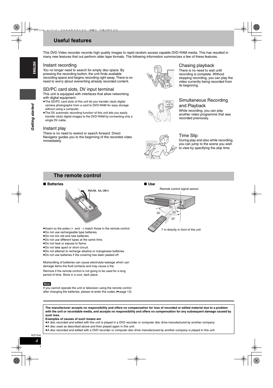 Useful features, The remote control, Instant recording | Sd/pc card slots, dv input terminal, Instant play, Chasing playback, Simultaneous recording and playback, Time slip | Panasonic DMR-E65 User Manual | Page 4 / 58