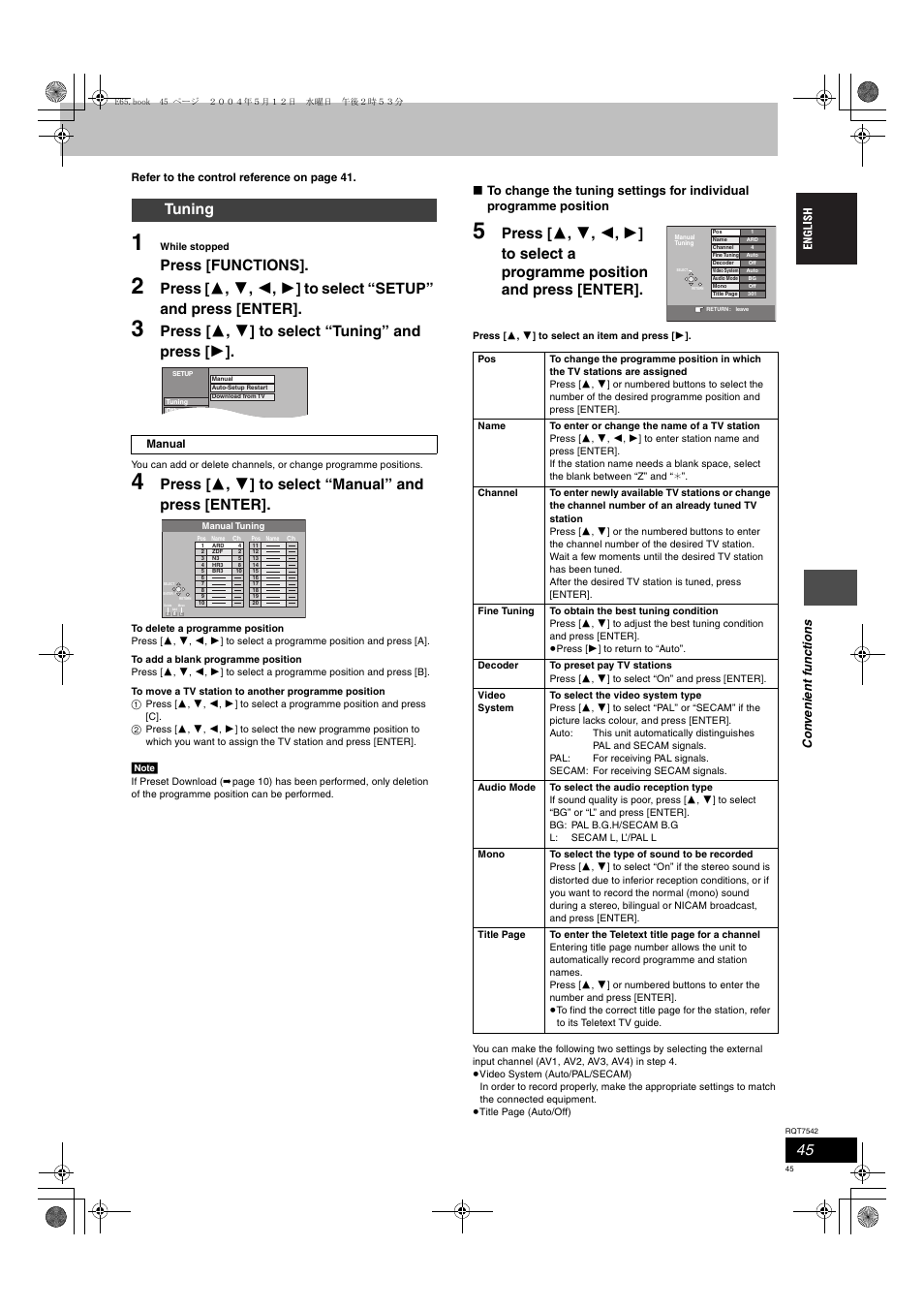 Press [functions, Press [ 3 , 4 ] to select “tuning” and press [ 1, Tuning | Panasonic DMR-E65 User Manual | Page 45 / 58