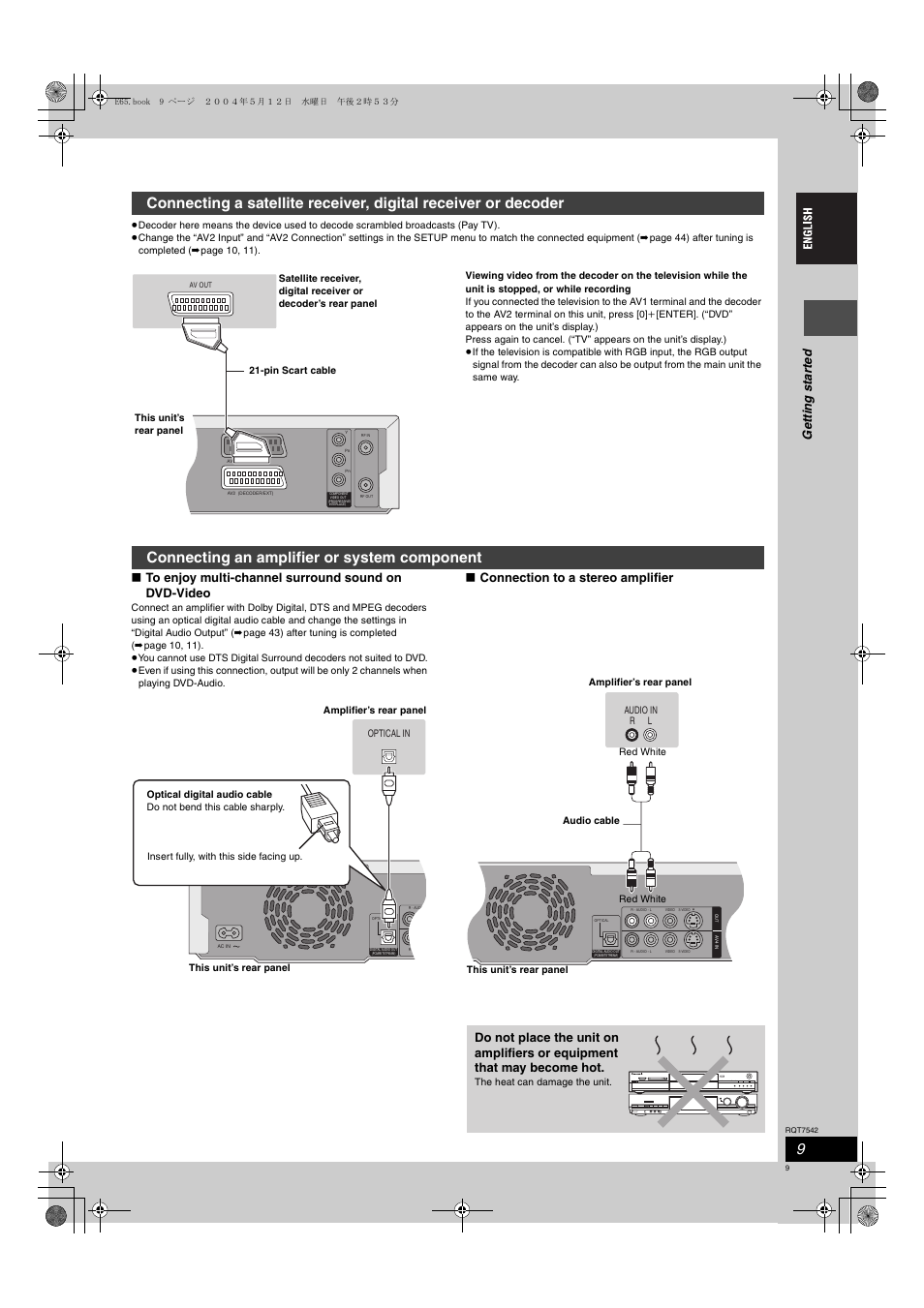 Connecting an amplifier or system component, Ge tt in g st ar te d, Connection to a stereo amplifier | Panasonic DMR-E65 User Manual | Page 9 / 58