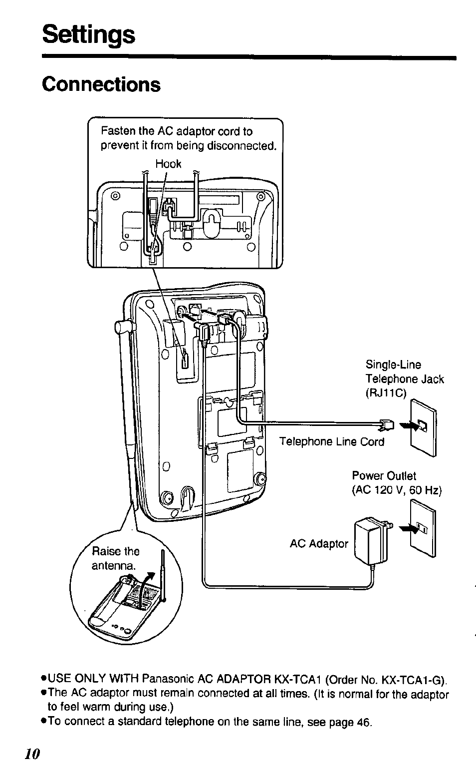 Settings, Connections | Panasonic KX TC1503B User Manual | Page 10 / 56