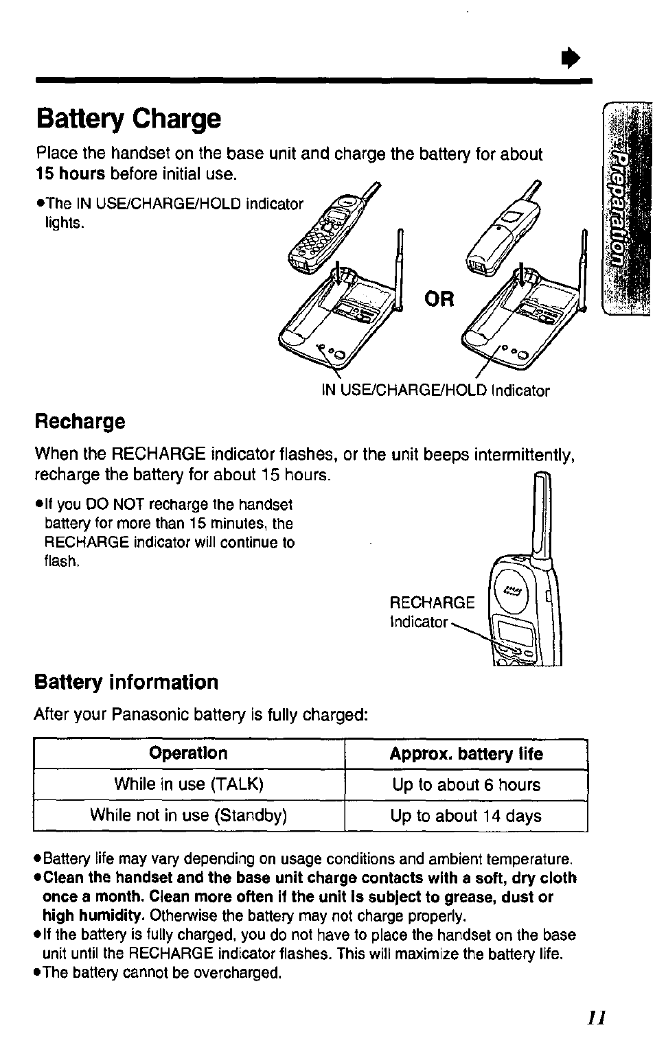 Battery charge, Recharge, Battery information | Panasonic KX TC1503B User Manual | Page 11 / 56