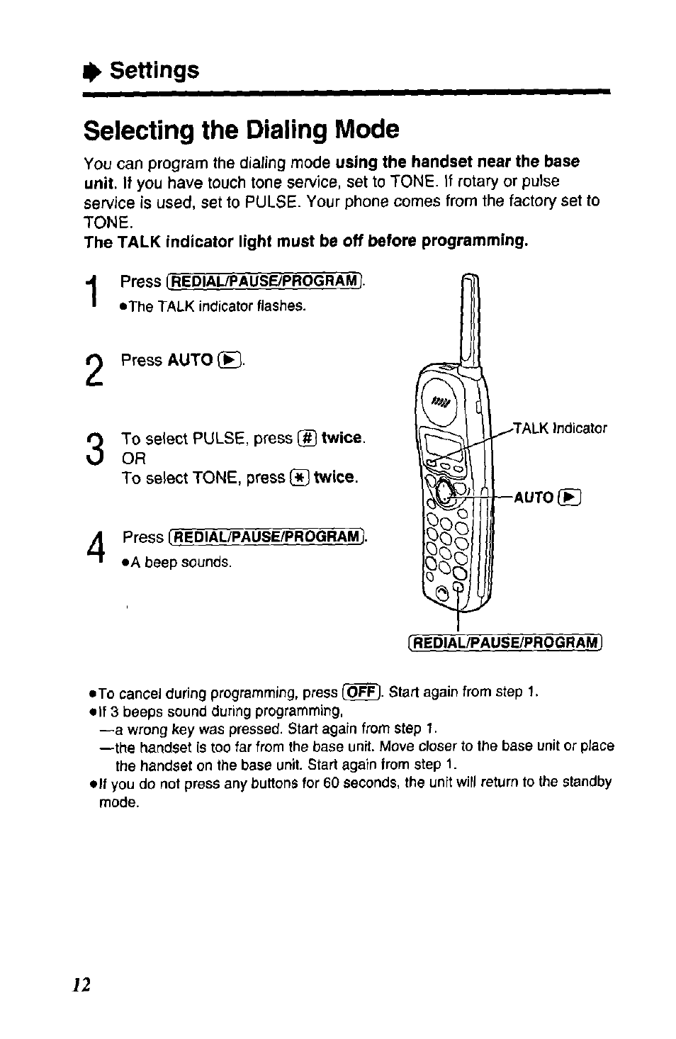 Selecting the dialing mode, Settings | Panasonic KX TC1503B User Manual | Page 12 / 56