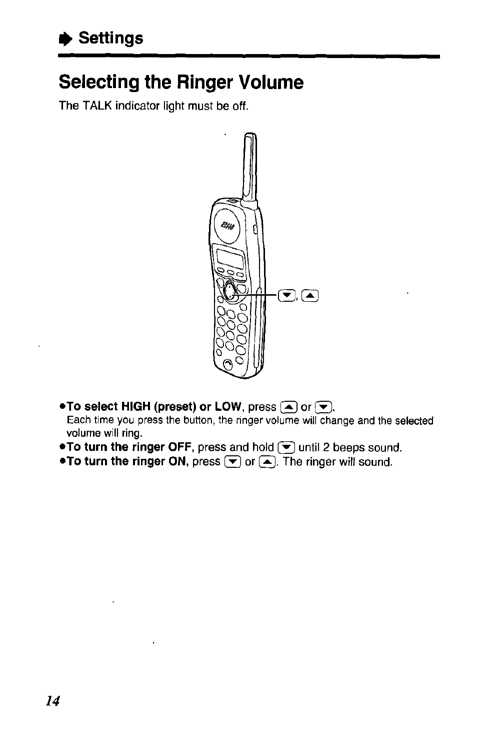 Selecting the ringer volume, Settings | Panasonic KX TC1503B User Manual | Page 14 / 56