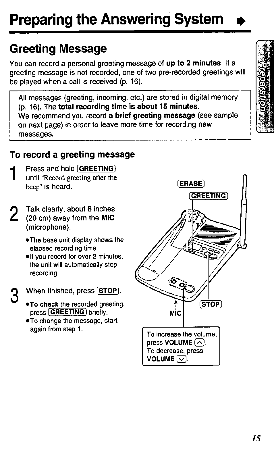 Preparing the answering system, Greeting message, To record a greeting message | Panasonic KX TC1503B User Manual | Page 15 / 56