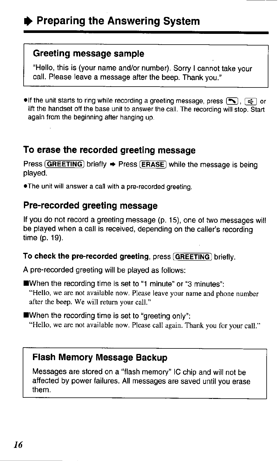 Greeting message sample, To erase the recorded greeting message, Pre-recorded greeting message | Flash memory message backup, 1^ preparing the answering system | Panasonic KX TC1503B User Manual | Page 16 / 56