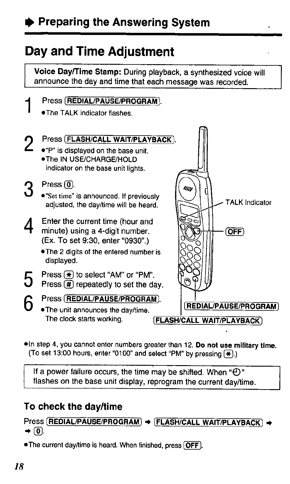 Day and time adjustment, To check the day/time, Preparing the answering system | Panasonic KX TC1503B User Manual | Page 18 / 56