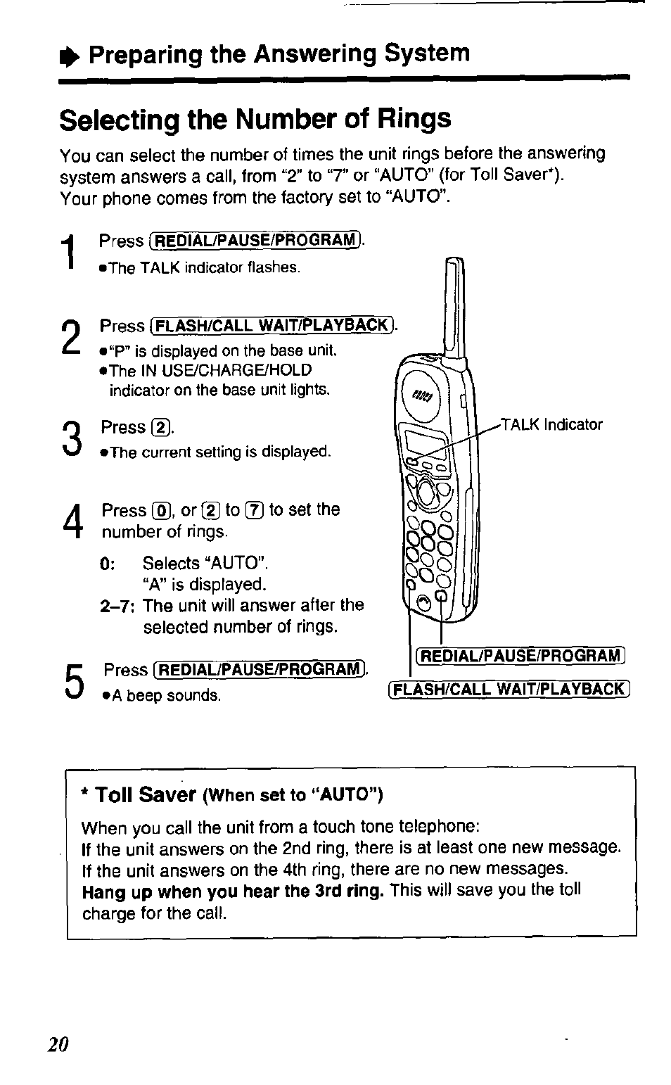 Selecting the number of rings, Preparing the answering system | Panasonic KX TC1503B User Manual | Page 20 / 56