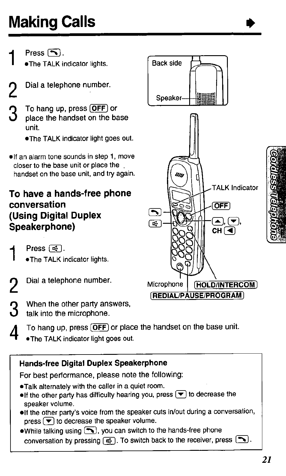 Making calls, Making cails | Panasonic KX TC1503B User Manual | Page 21 / 56