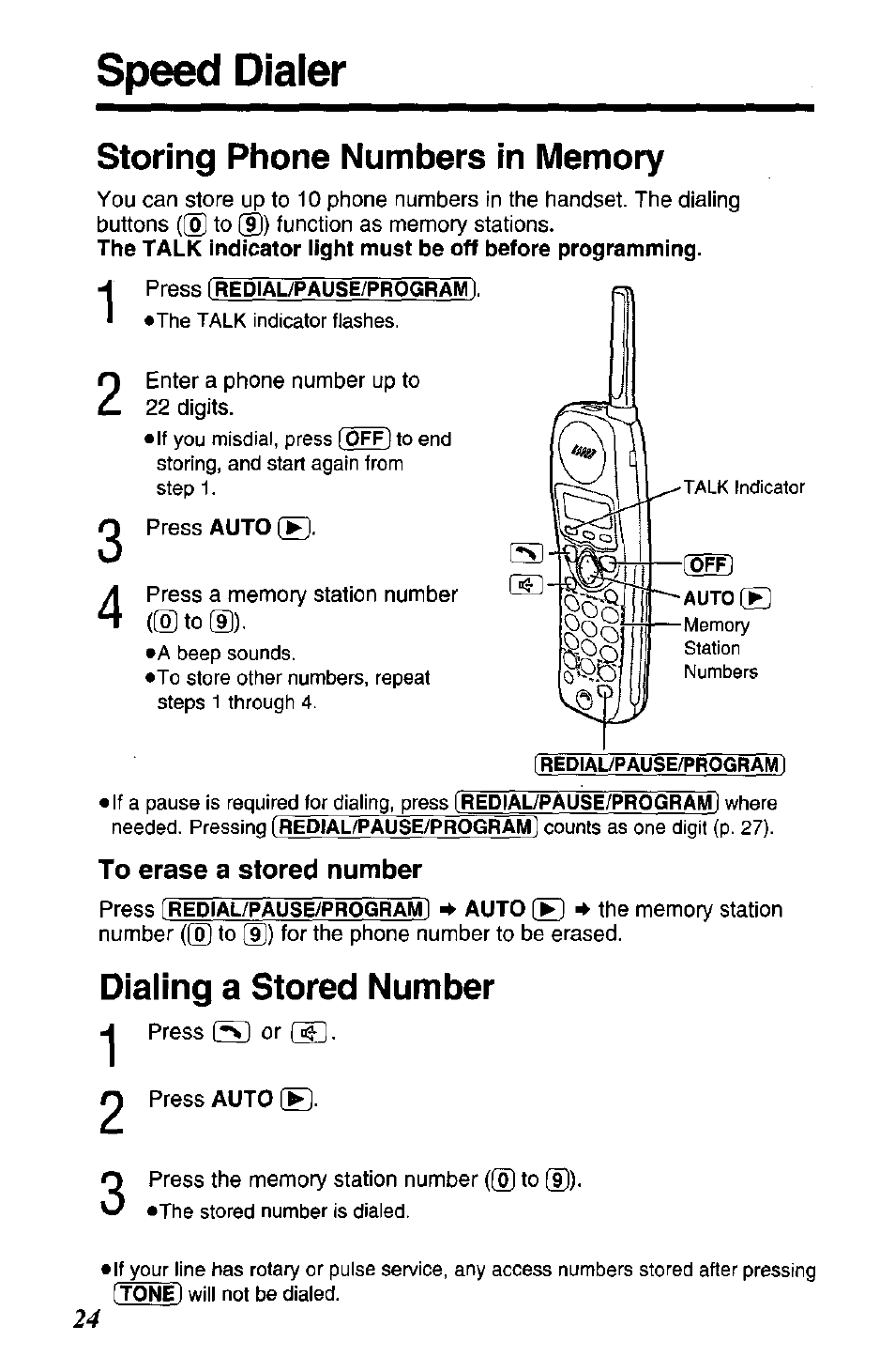 Speed dialer, Storing phone numbers in memory, To erase a stored number | Dialing a stored number | Panasonic KX TC1503B User Manual | Page 24 / 56