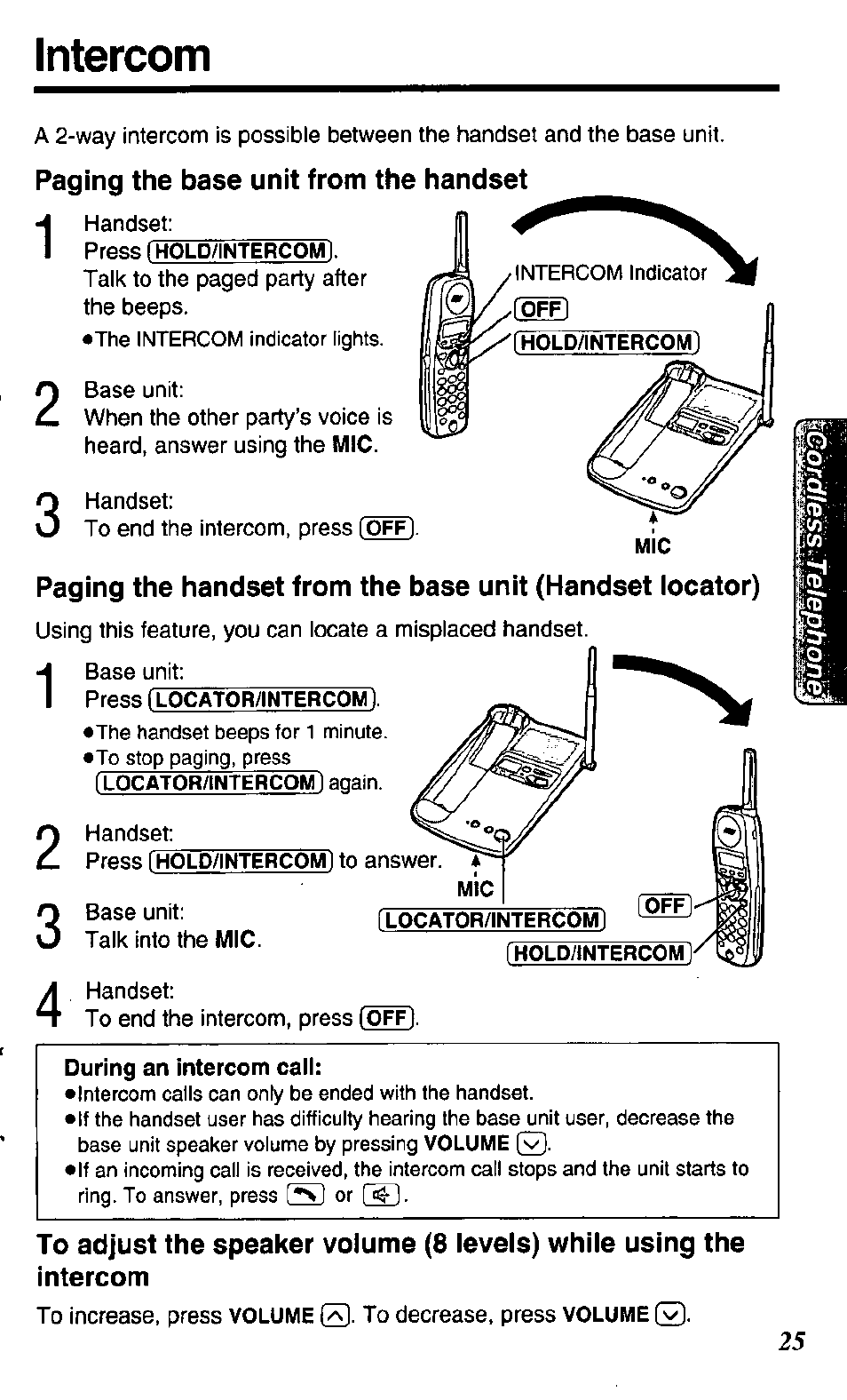 Intercom, Paging the base unit from the handset | Panasonic KX TC1503B User Manual | Page 25 / 56