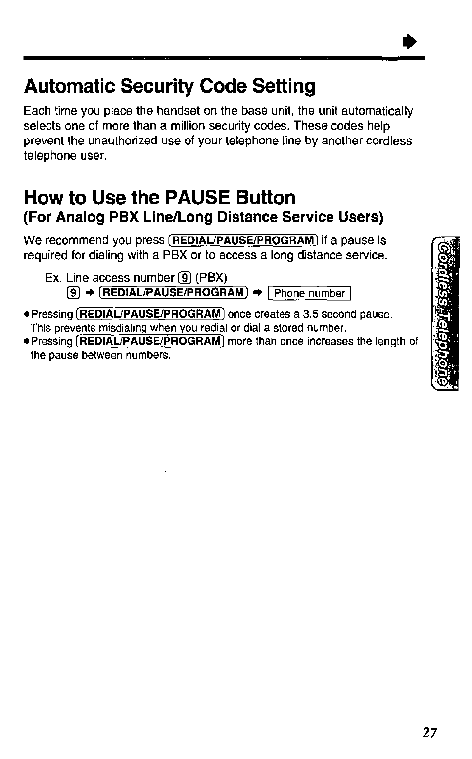 Automatic security code setting, How to use the pause button, For analog pbx line/long distance service users) | Panasonic KX TC1503B User Manual | Page 27 / 56