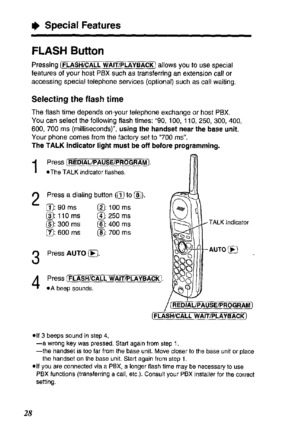 Flash button, Selecting the flash time, Special features | Panasonic KX TC1503B User Manual | Page 28 / 56