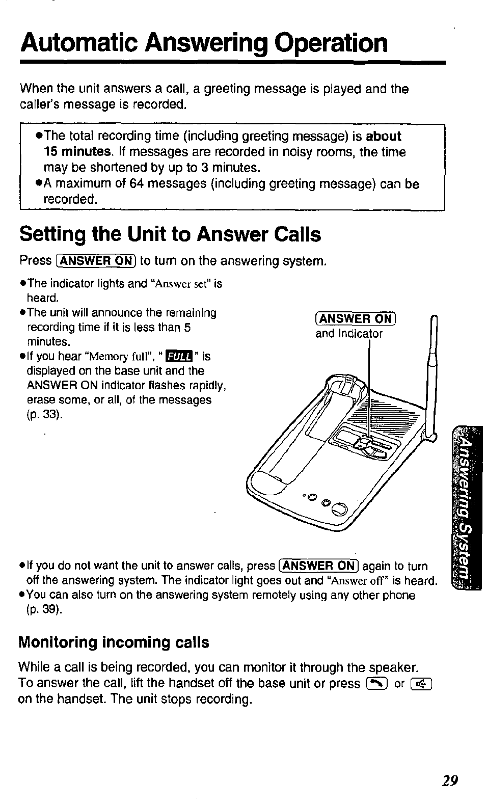 Automatic answering operation, Setting the unit to answer caiis, Monitoring incoming caiis | Panasonic KX TC1503B User Manual | Page 29 / 56